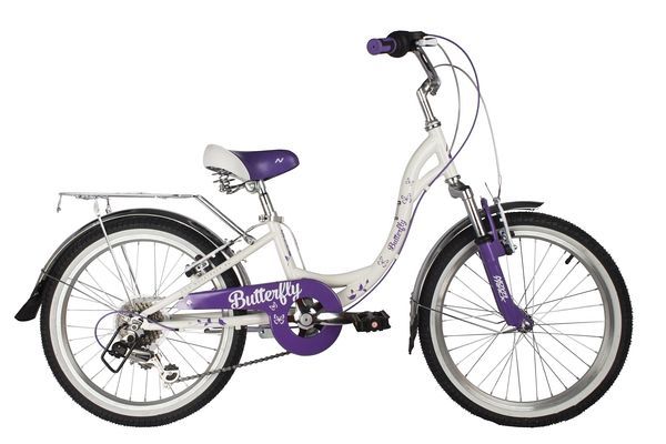 Велосипед NOVATRACK 20" BUTTERFLY сталь, белый-фиолет., 6-скор, TY21/RS35/SG-6SI, V-brake, багажник                                                                                                                                                       